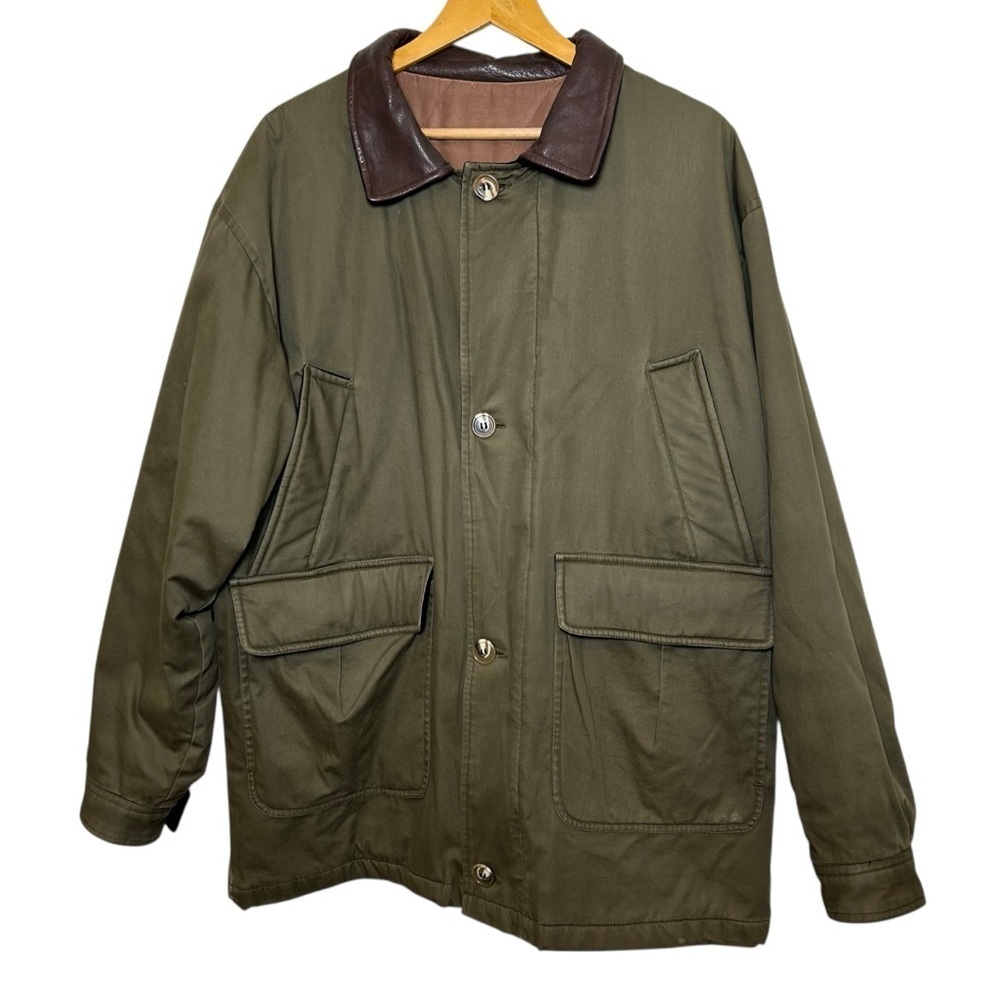 Vintage men’s canvas chore coat leather collar large barn work long oversized - Picture 2 of 11